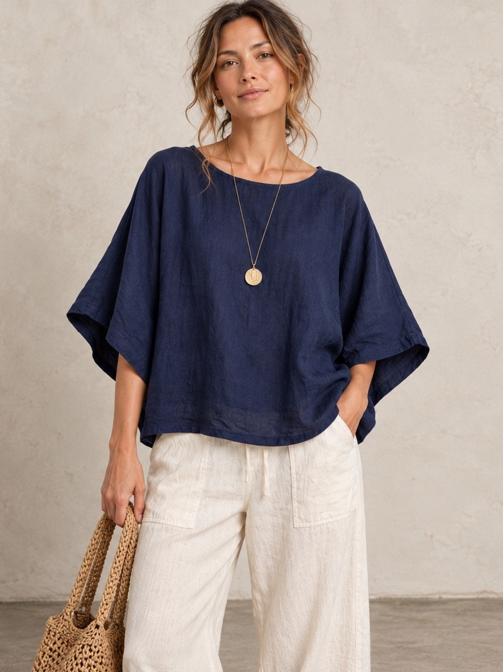 MUJI Oversized Hemp Blend Batwing Dolman Sleeve Blouse Navy